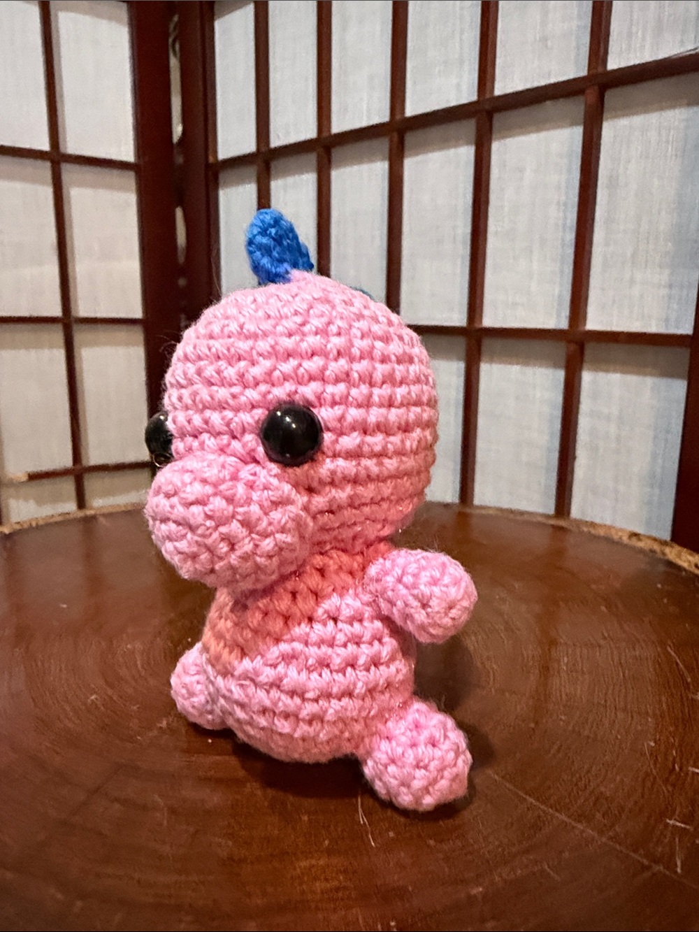 Handmade Dinosaur Pink Crochet Blue Spikes Keychain Gold Ring Purse Charm